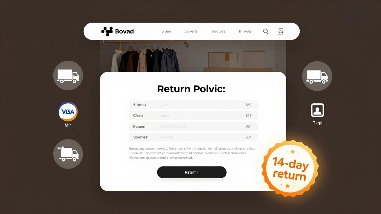 Чистое меню интернет-магазина с навигацией, ценами, доставкой и значками оплаты.