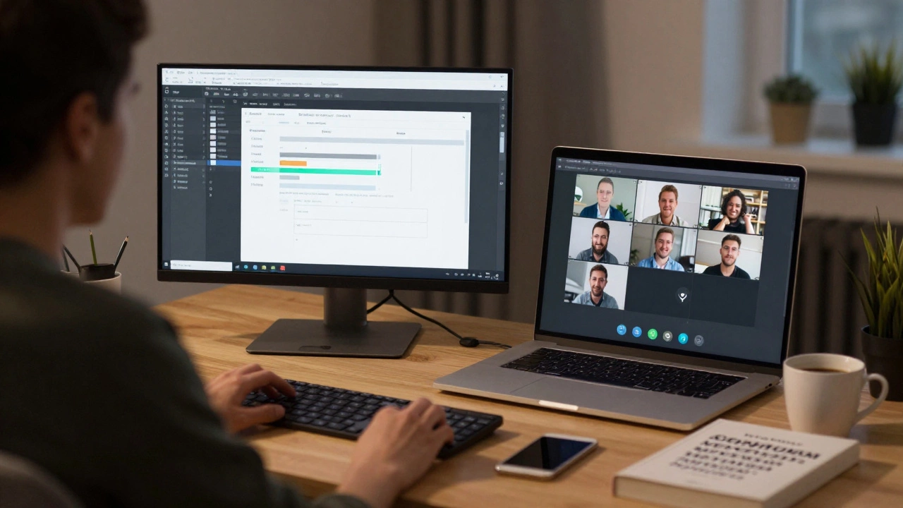 Дизайнер из Казани удалённо работает над международным проектом, демонстрируя интерфейс на экране.