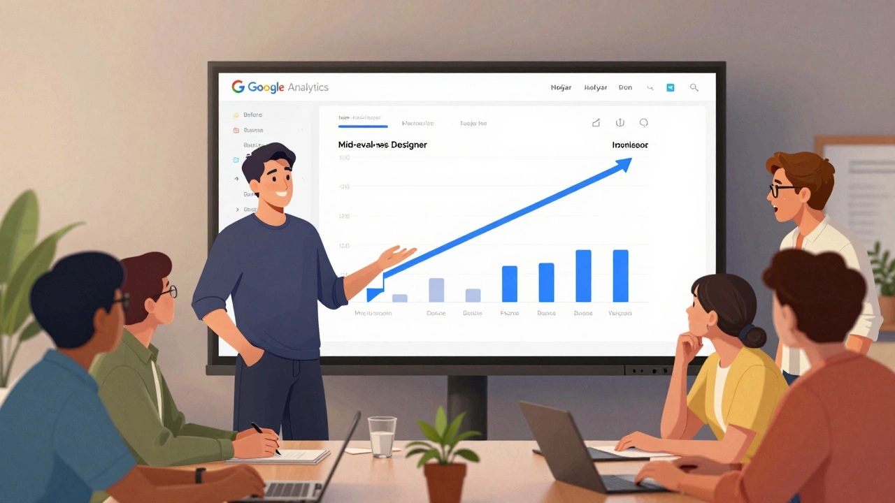 Дизайнер представляет аналитику команде, на экране — улучшения метрик: снижение отказов и рост конверсии.