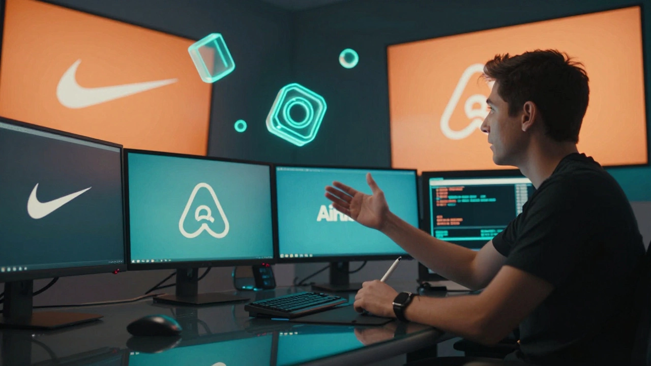 Дизайнер в студии Лос-Анджелеса демонстрирует анимированные логотипы Nike и Airbnb.