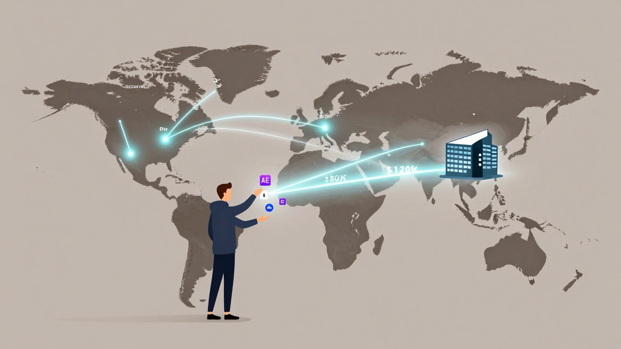 Глобальная схема удалённой работы: анимация из России доходит до американской компании.