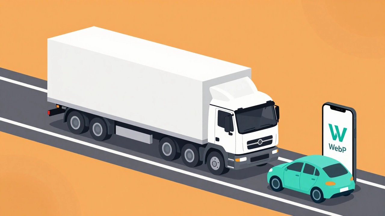 Грузовик с изображением 5 МБ блокирует дорогу, а маленькие WebP-автомобили проезжают мимо.