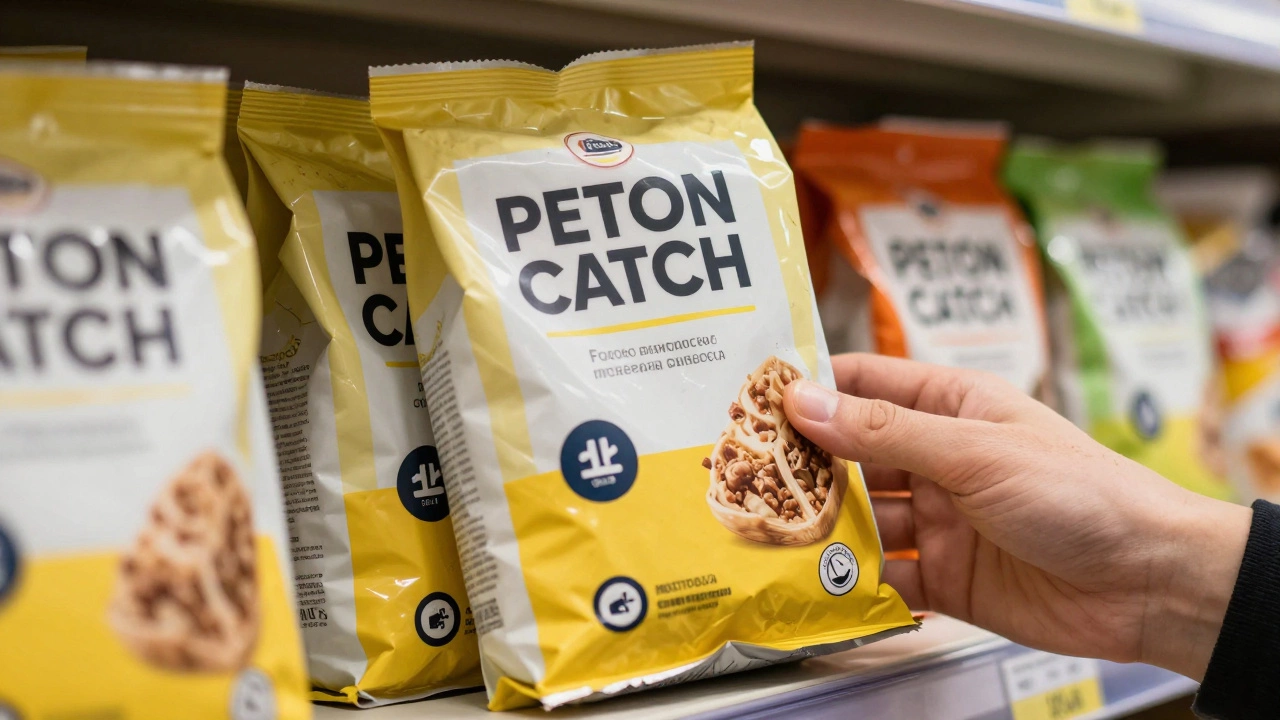 Продуктовая упаковка выделяется на полке магазина среди других товаров.