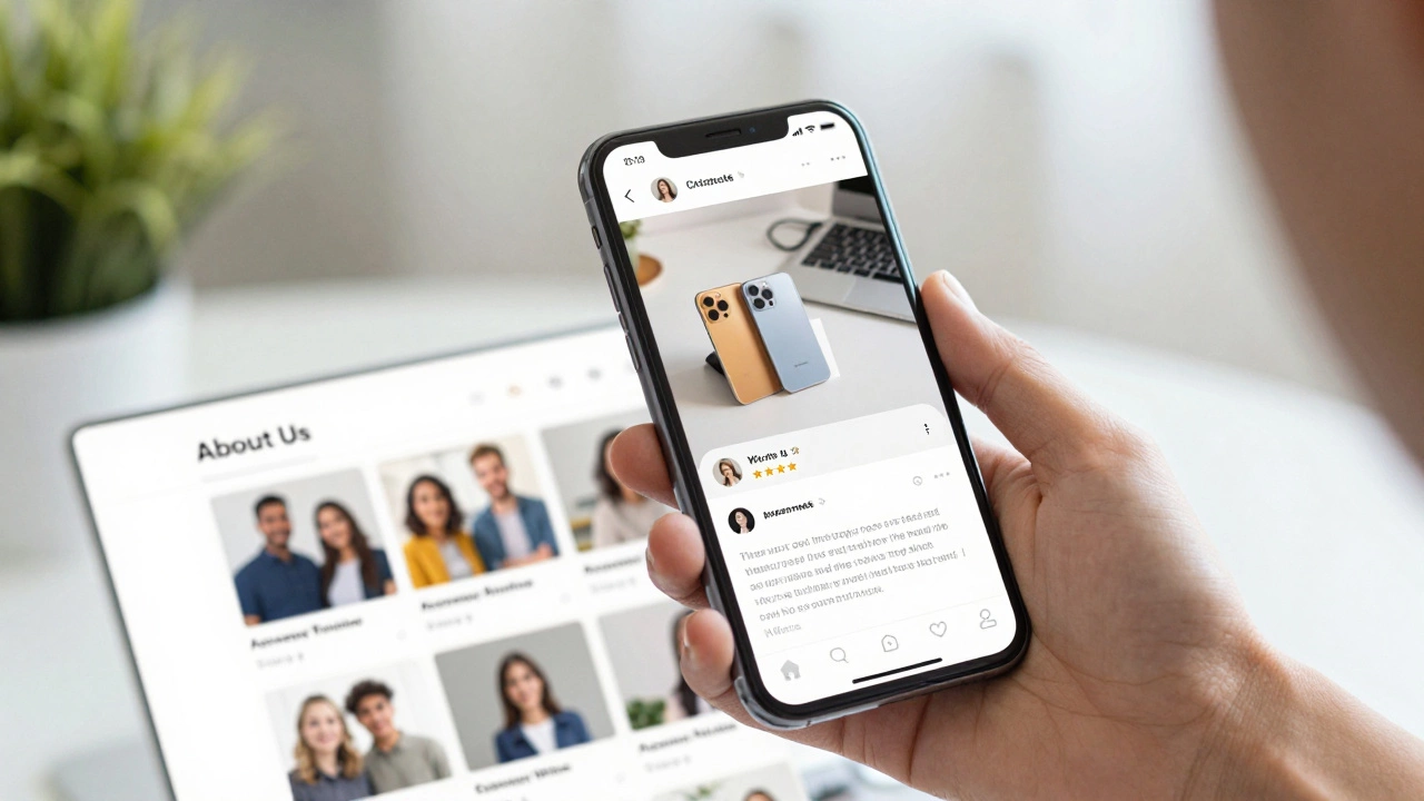 Реальный отзыв с фото и ответом магазина на экране телефона, рядом — фото команды.