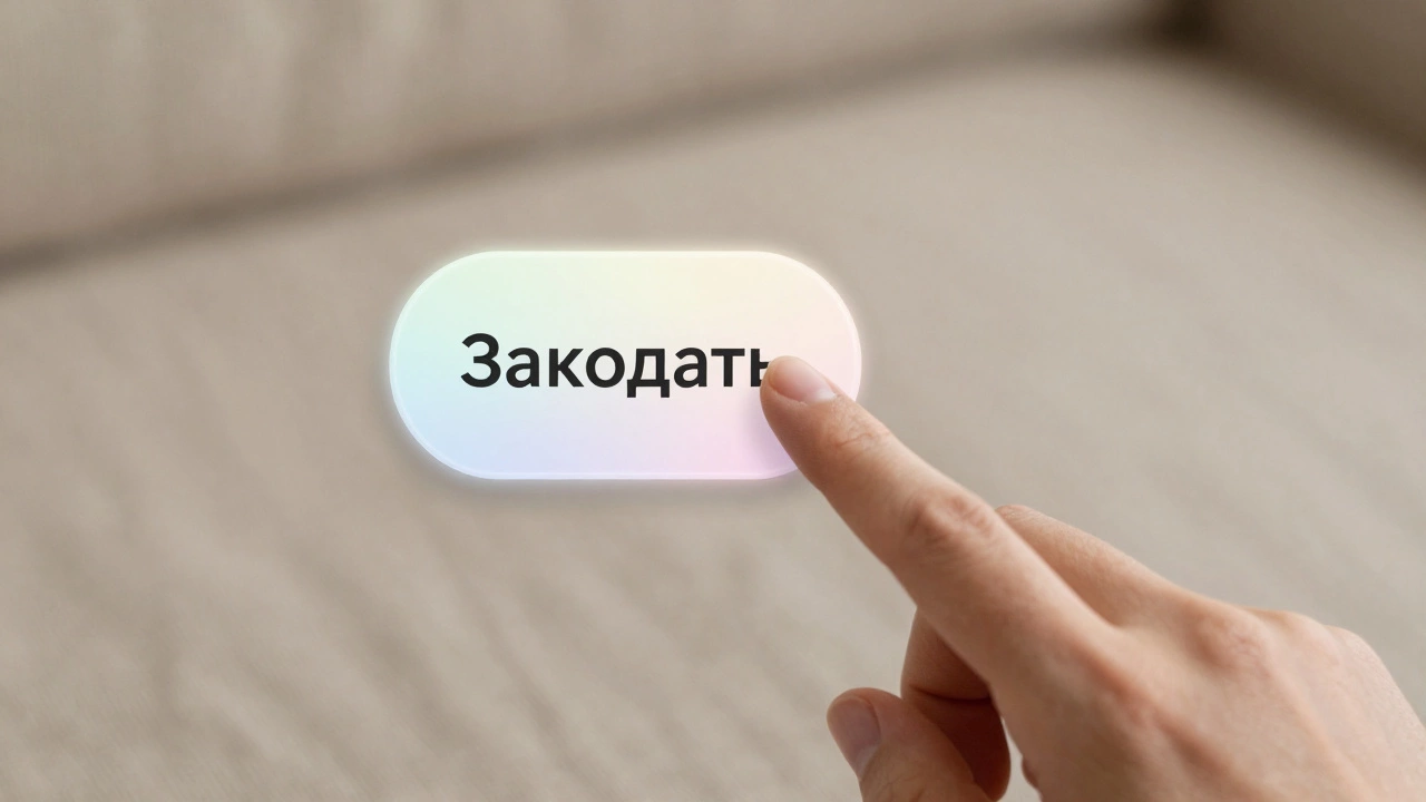 Рука нажимает на кнопку 'Заказать', она мягко меняет цвет, фон — текстура льна.