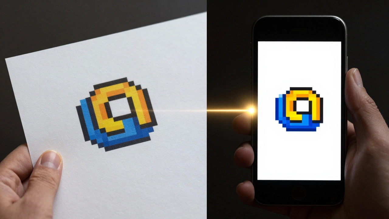 Сравнение печатного логотипа и веб-версии, соединённых световой нитью как символ единства бренда.