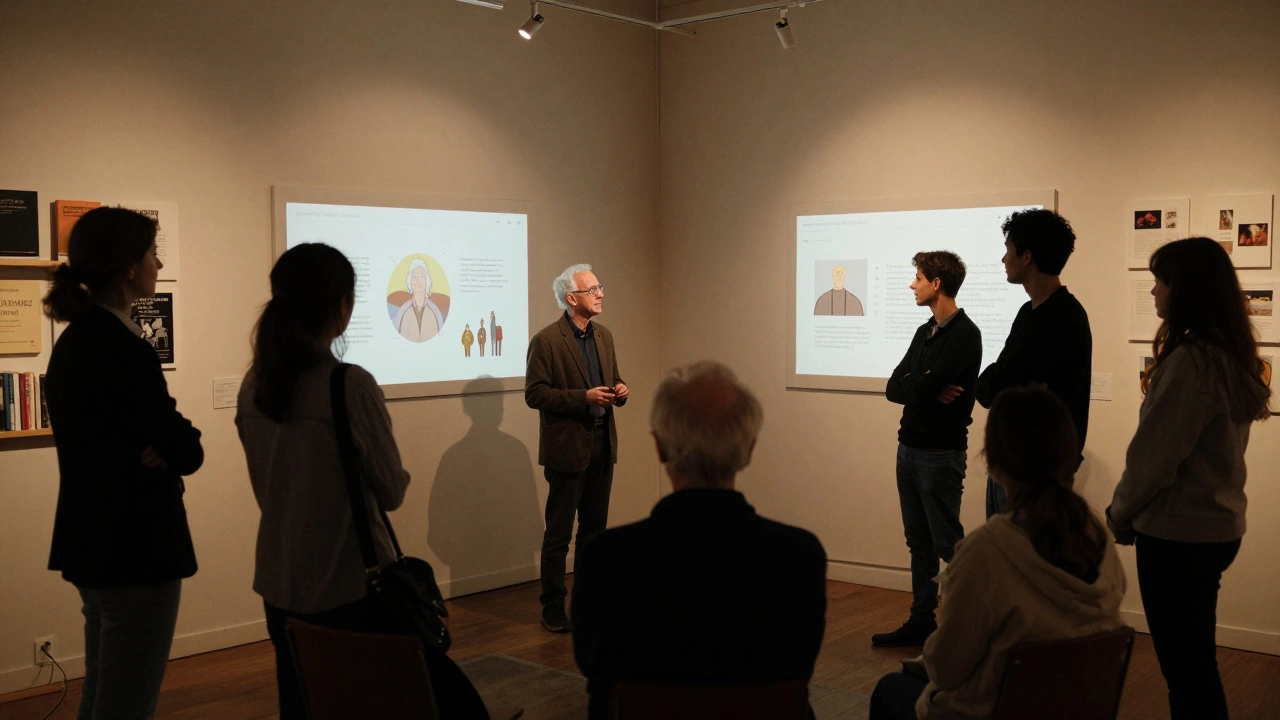 Студенты в Лондоне представляют интерфейс для пожилых людей перед профессионалами в галерее.