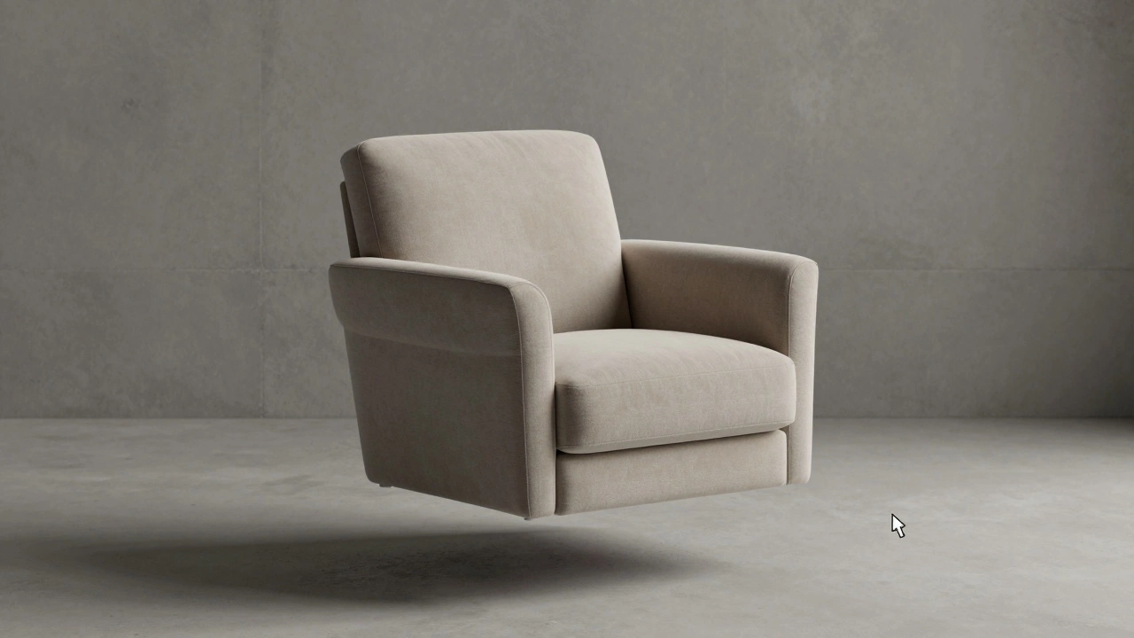 Трехмерная модель дивана в воздухе с естественным освещением, текстура бетона на фоне.