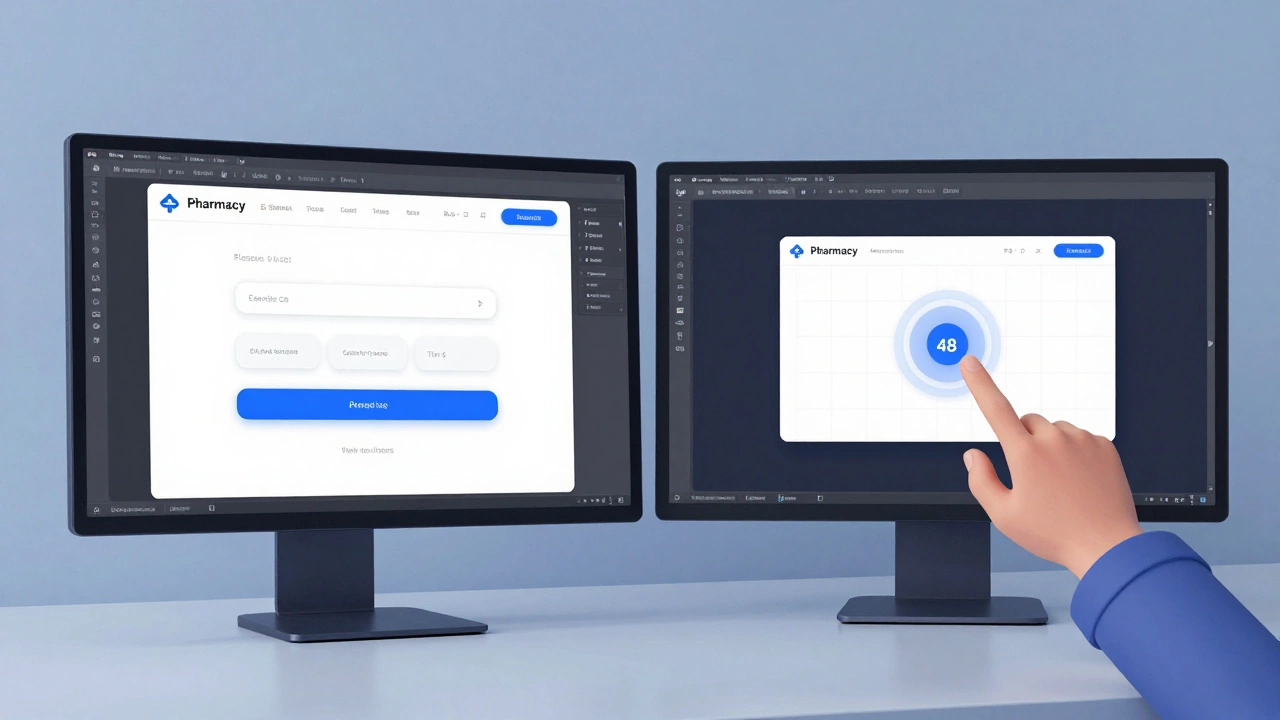 Веб-дизайнер тестирует интерактивный интерфейс аптеки на адаптивных макетах в Figma.