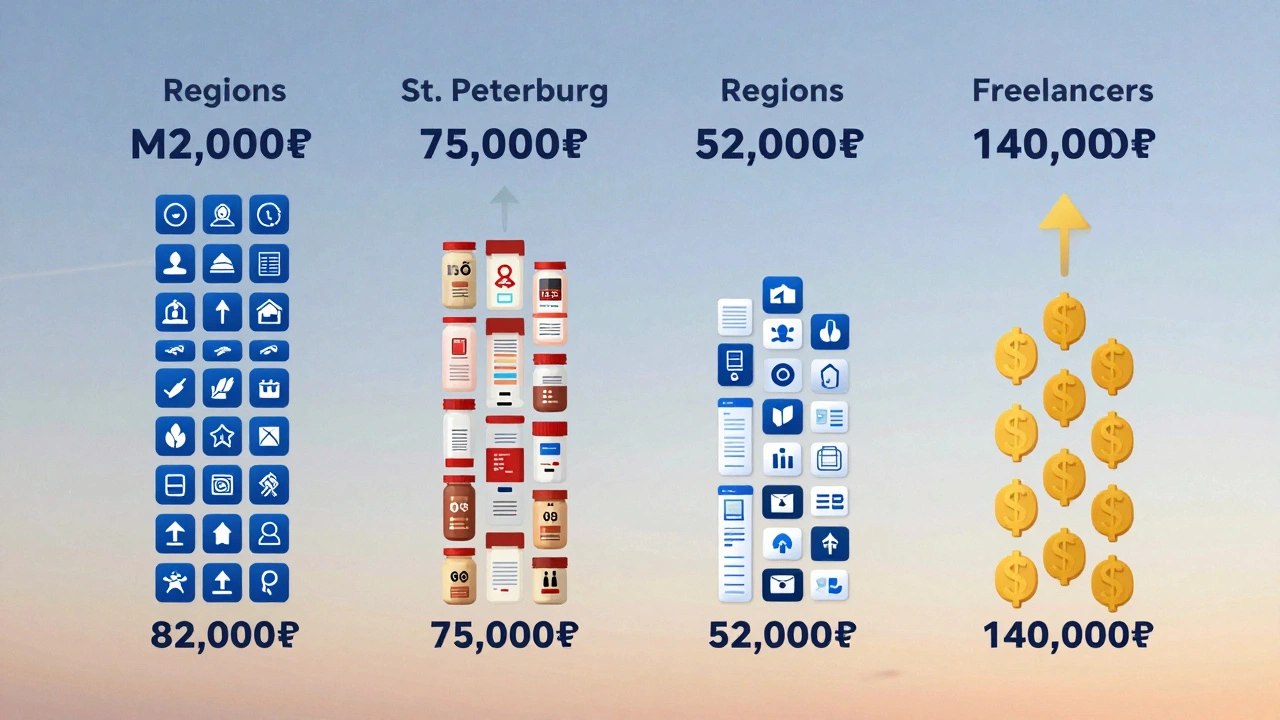 Визуальная шкала зарплат графических дизайнеров по регионам России с иконками проектов.