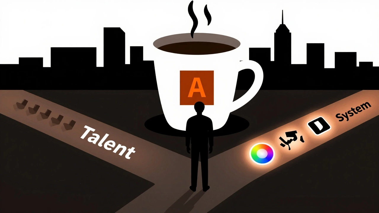 Человек стоит на перекрёстке: один путь — талант, другой — система, с иконками дизайна и городом в форме чашки.