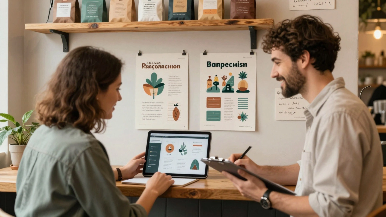 Дизайнер представляет бренд-идентичность владельцу кофейни в уютной обстановке кафе.