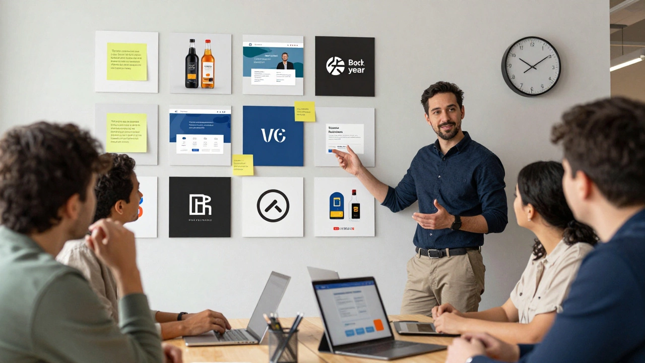 Дизайнер представляет портфолио клиенту, на стене — 12 проектов с пояснениями, а часы показывают прошедший год, атмосфера профессионализма и доверия.