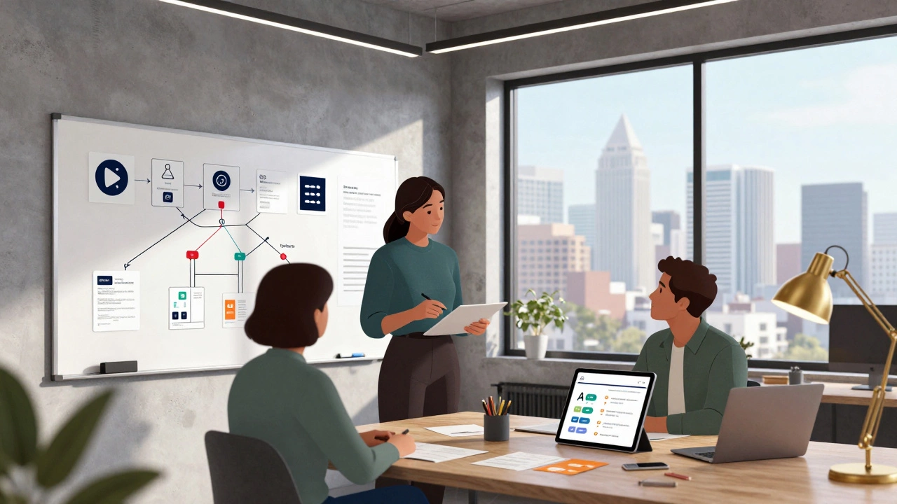 Команда дизайн-агентства анализирует полный бренд-пакет: логотип, упаковку и соцсети в современном офисе.