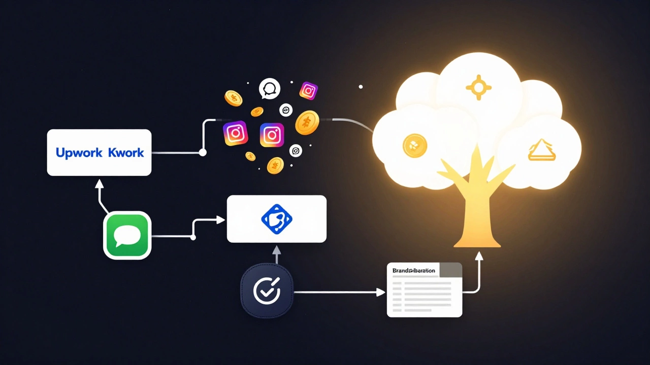 Концептуальная схема источников дохода графического дизайнера: фриланс, цифровые продукты, коллаборации и курсы.