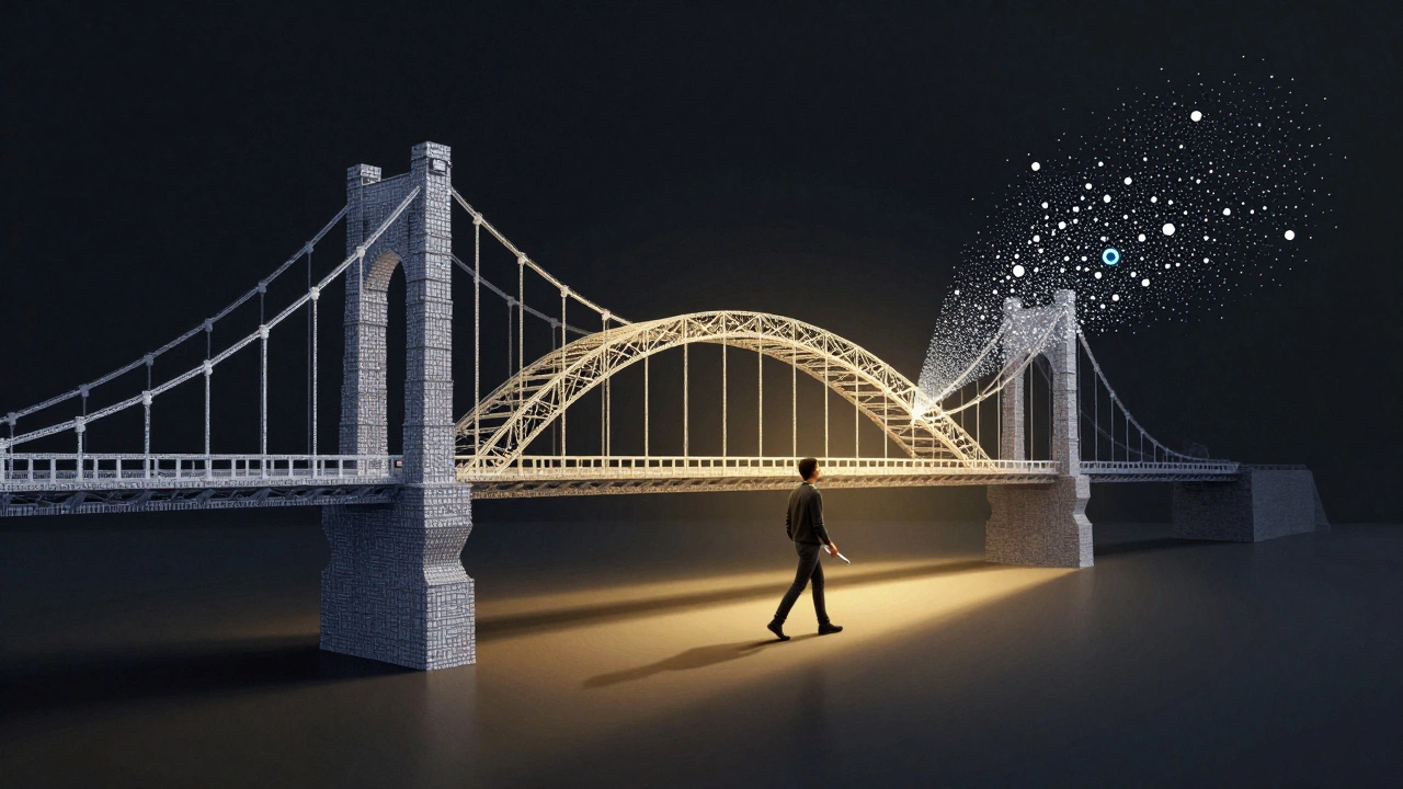 Концептуальное изображение моста из инструментов дизайна: пиксели, векторы и коллаборация.