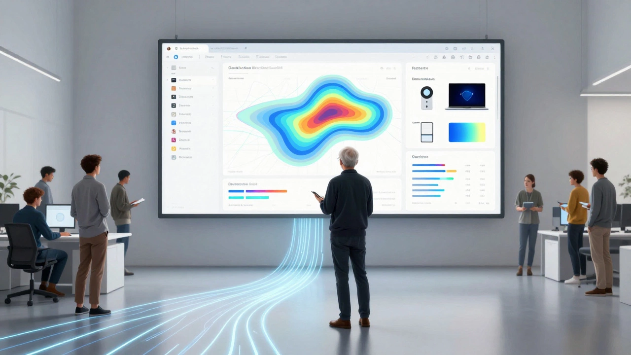 Старший дизайнер смотрит на аналитику пользователей на большом экране, команда разработчиков рядом.
