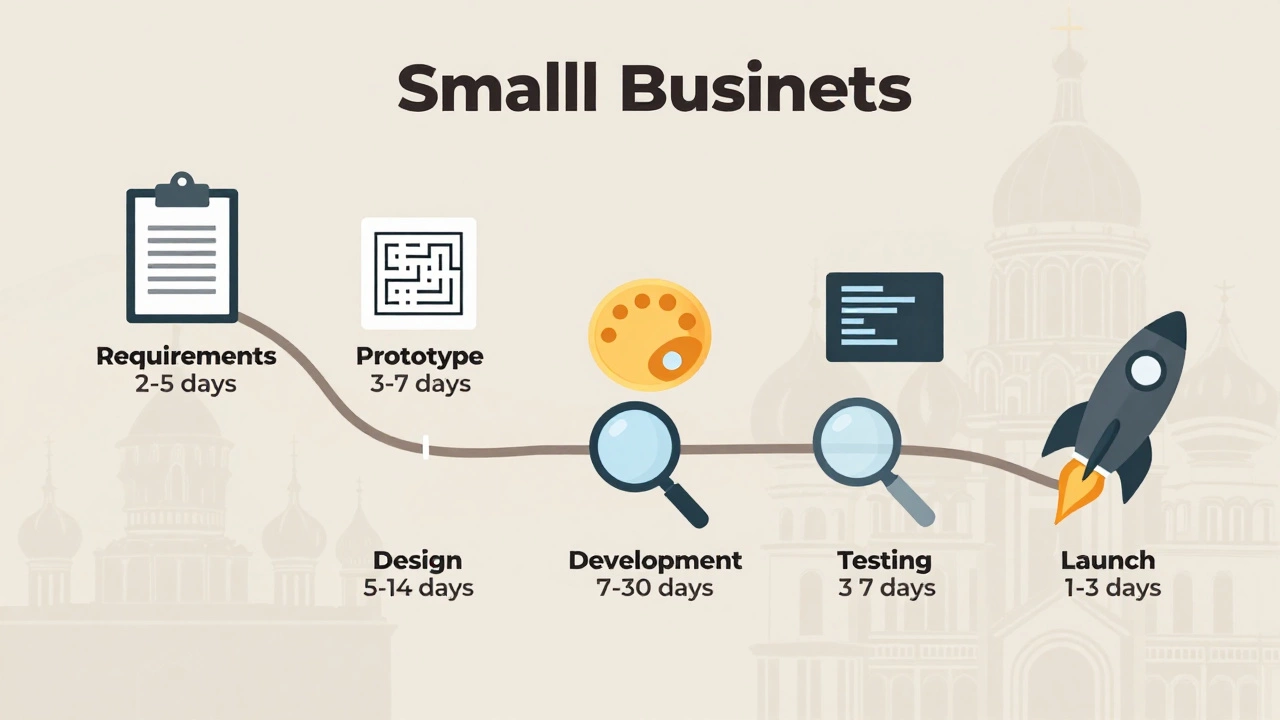 Визуальная линия времени этапов создания сайта для малого бизнеса с иконками и элементами русской архитектуры.