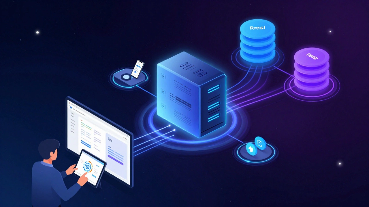 Архитектура масштабируемого веб-приложения с React, Go, PostgreSQL и Redis в космическом стиле.