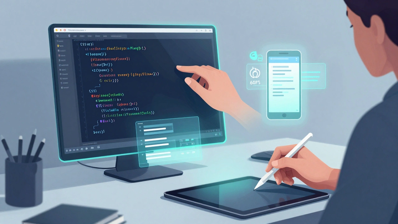 Дизайнер работает с CSS-кодом и макетами, символизируя слияние дизайна и разработки.