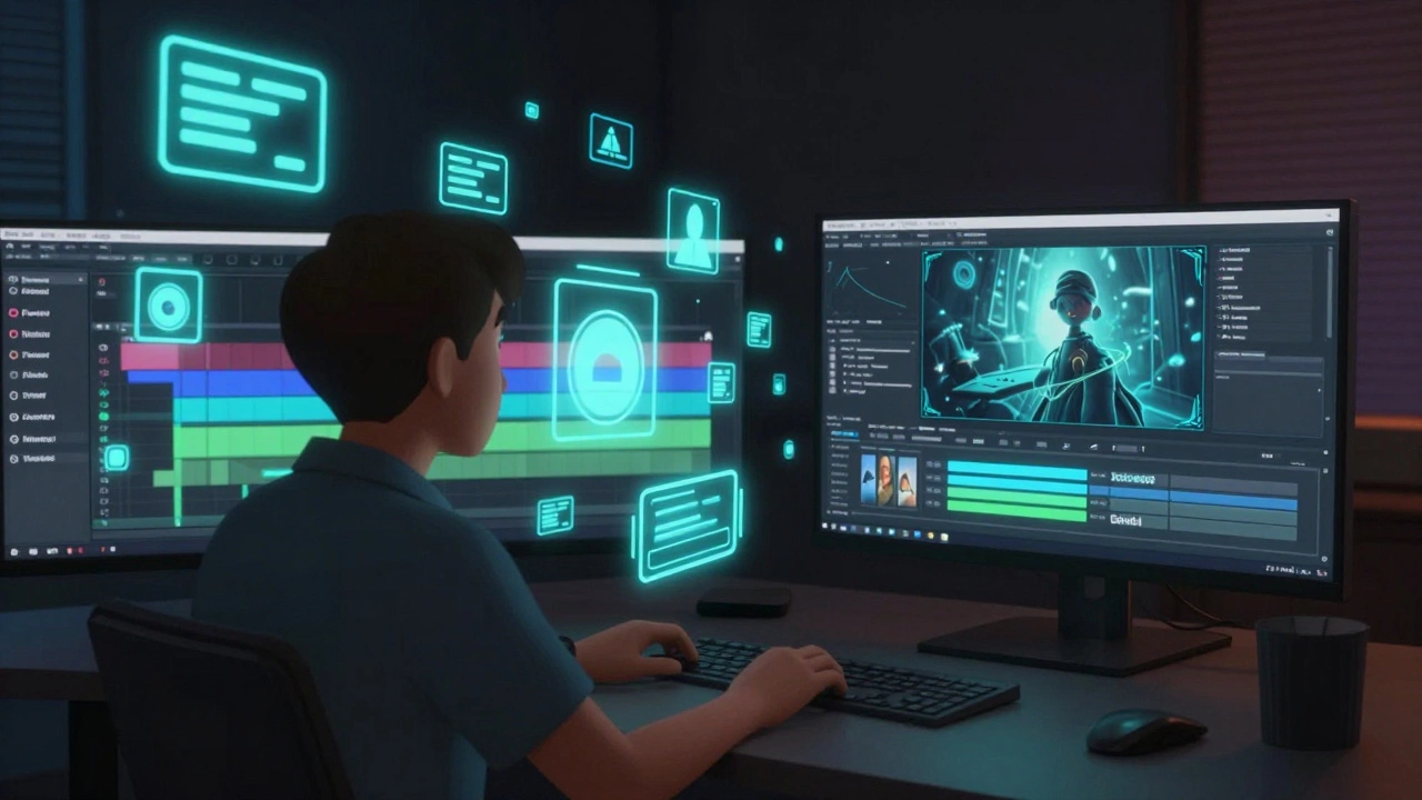 Дизайнер создаёт анимированные титры для телесериала в тёмной студии с цифровыми элементами, всплывающими вокруг.