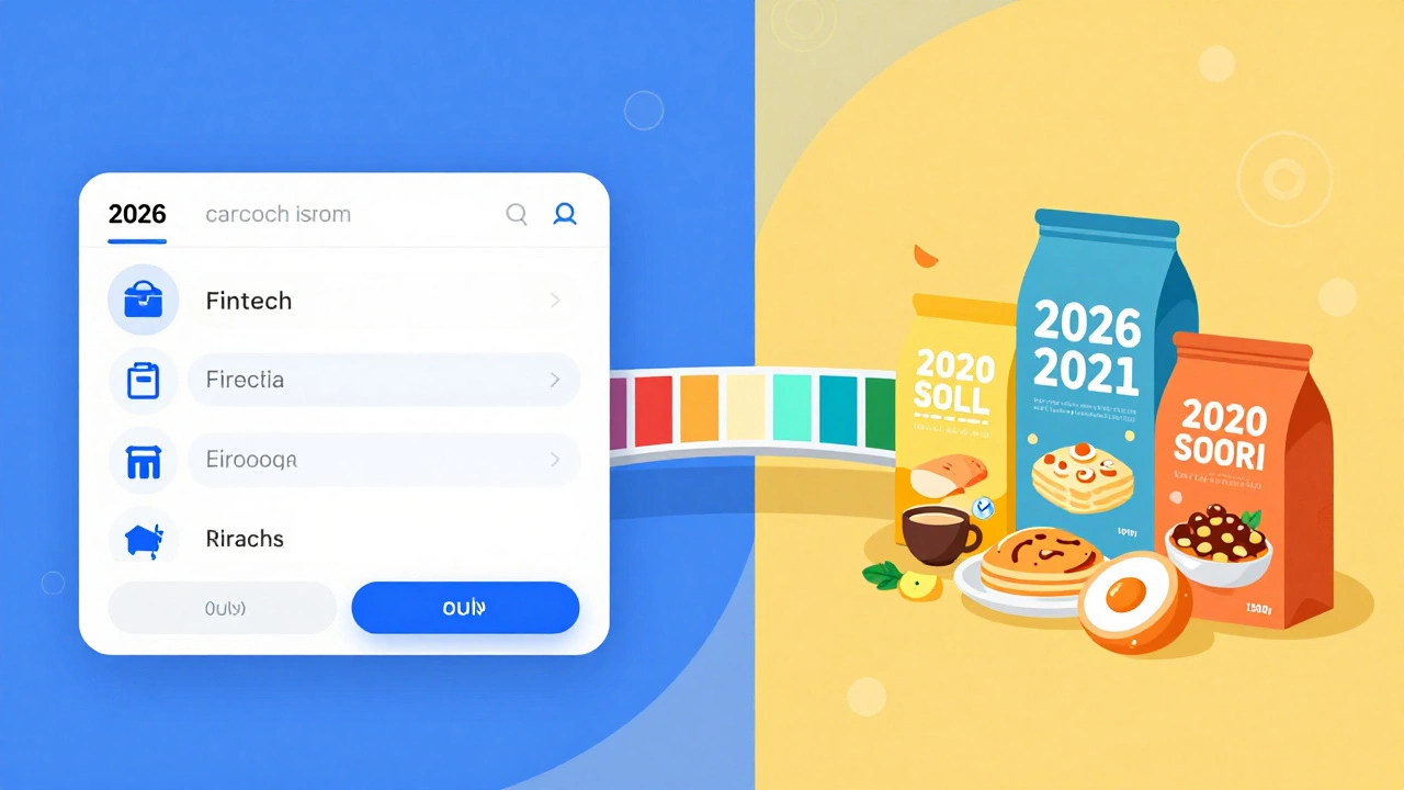Концептуальная иллюстрация: интерфейс приложения соединяется с упаковкой через цвета и иконки, символизируя разнообразие профессий дизайнера.