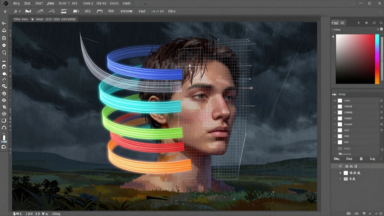 Прозрачный интерфейс Photoshop накладывается на лицо, состоящее из пикселей и цветовых слоёв.