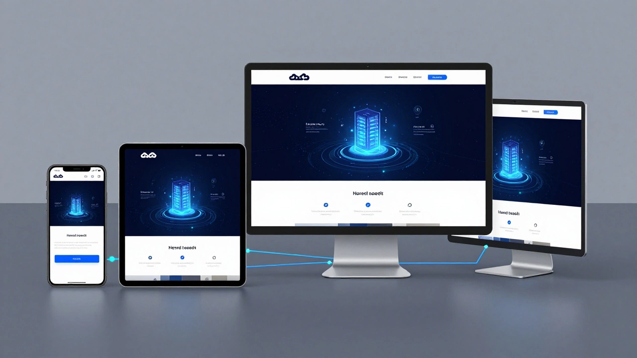 Сайт, доступный на разных устройствах, подключённый к облачному серверу через сетевые линии.