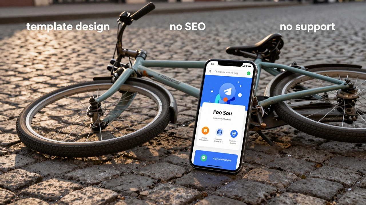 Сломанный велосипед рядом с телефоном, показывающим современный сайт для малого бизнеса в России.