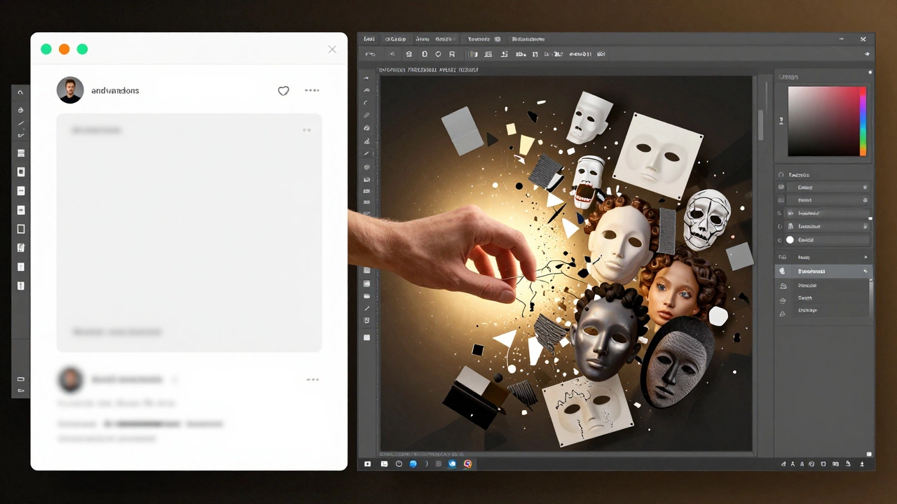 Сравнение: простой дизайн в Canva слева и сложная работа в Photoshop справа с текстурами и слоями.