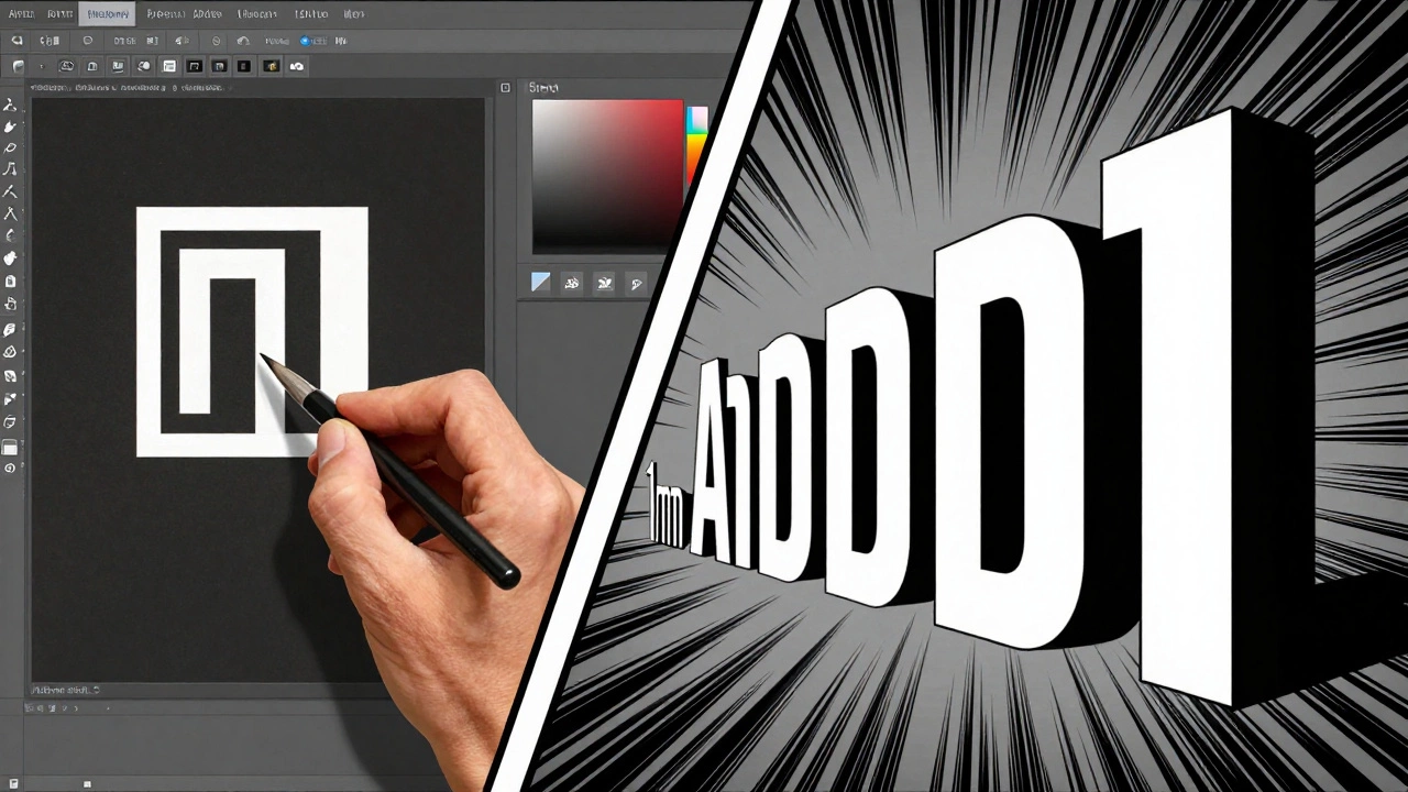 Сравнение растровой и векторной графики: фото с кистями и логотип, масштабируемый от миллиметра до метров.