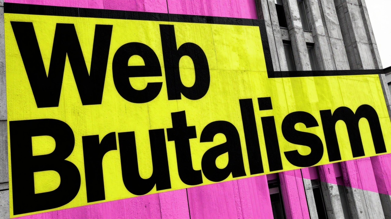 Бруталистский дизайн с огромными буквами, бетонными текстурами и яркими цветами.