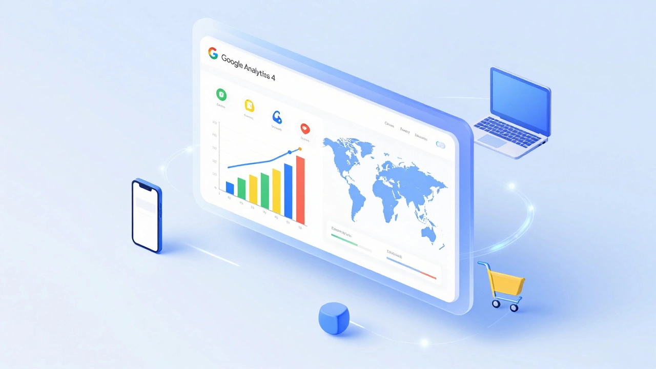 Изометрическая иллюстрация интерфейса GA4 с графиками и устройствами