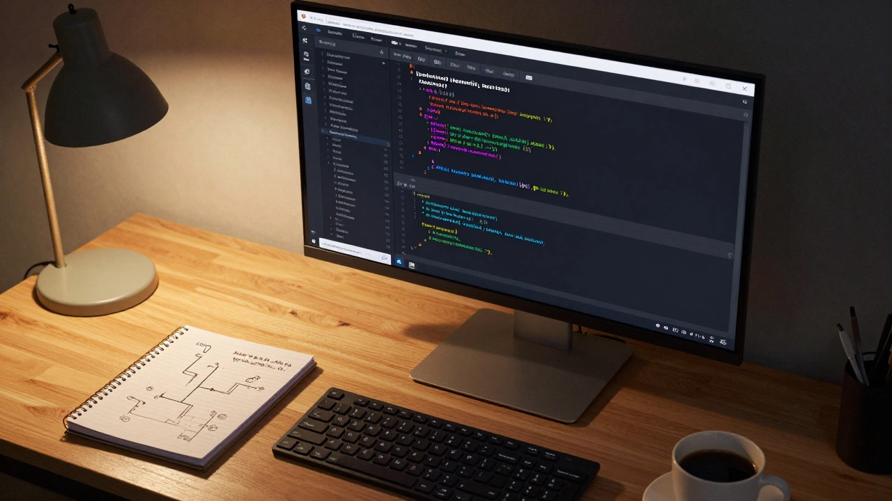 Рабочее место веб-разработчика с открытым редактором кода на мониторе в вечернем освещении
