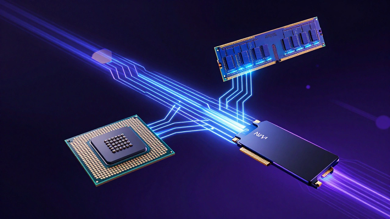 Стилизованная иллюстрация компонентов ПК: процессор, ОЗУ и SSD