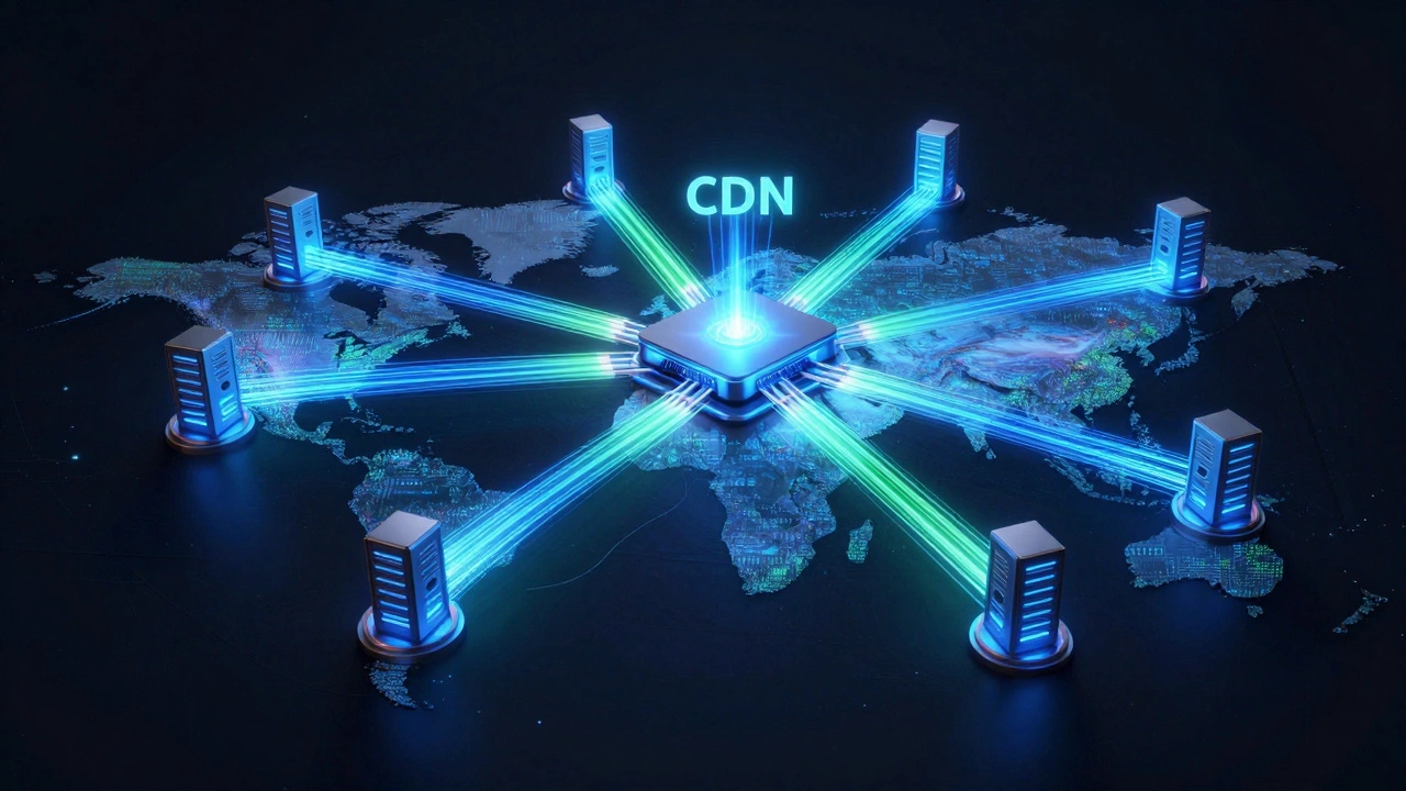 Светящаяся сеть серверов и CDN, распределяющая данные по всему миру