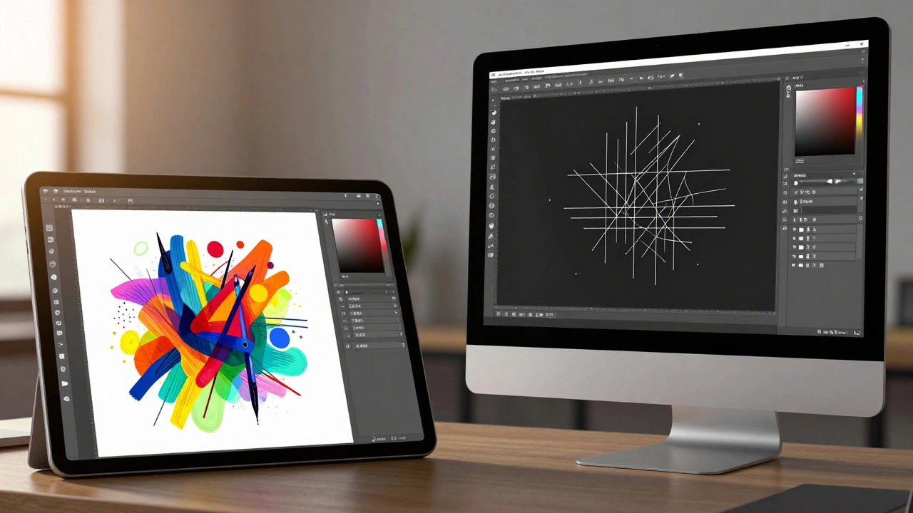 iPad с приложением Procreate для рисования и монитор с векторным редактором Affinity