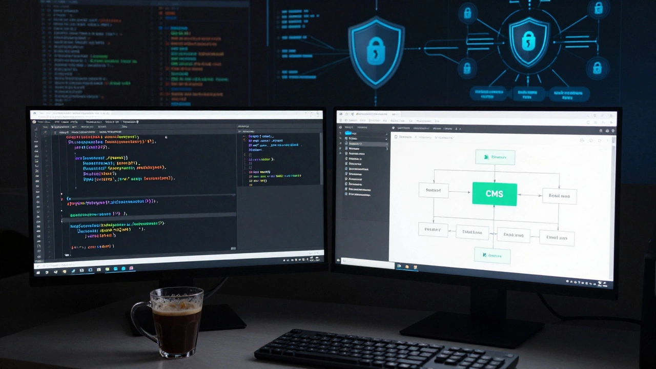 Рабочее место разработчика с кодом и схемами интеграции CMS