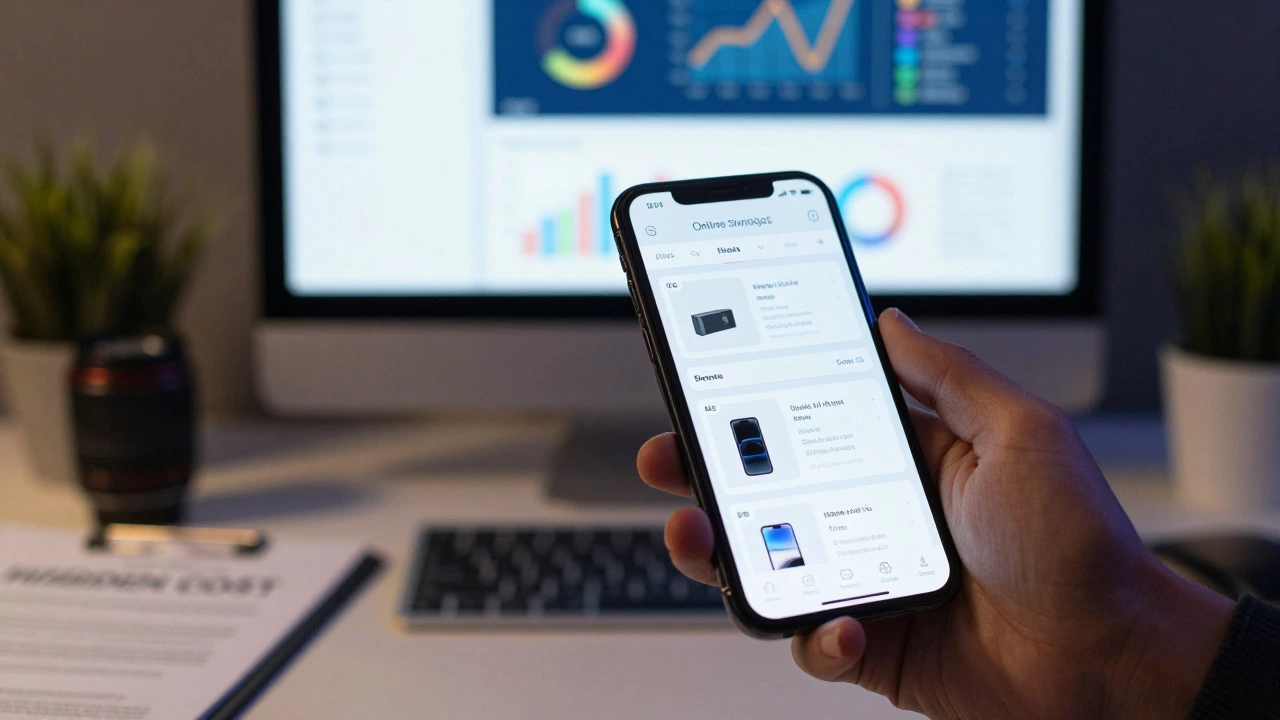 Смартфон с мобильным интерфейсом магазина на фоне аналитики и документов