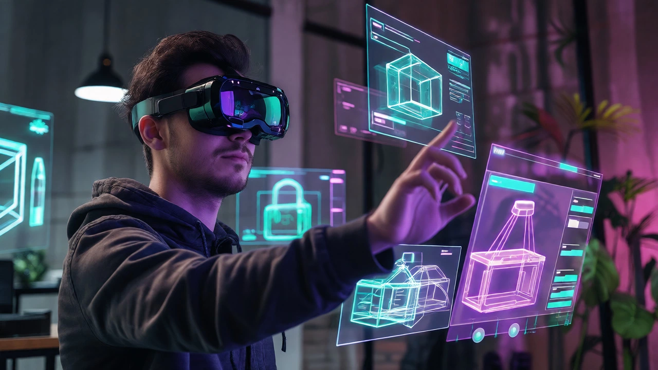 Дизайнер в очках AR работает с голографическими интерфейсами
